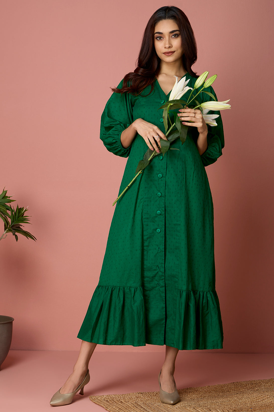 long dress with ruffle border - emerald luminescence & delicate dew