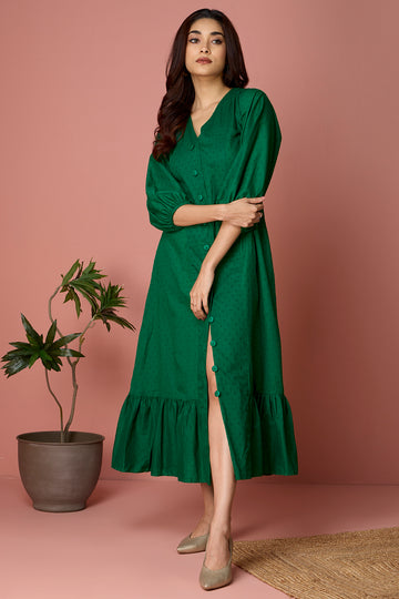 long dress with ruffle border - emerald luminescence & delicate dew