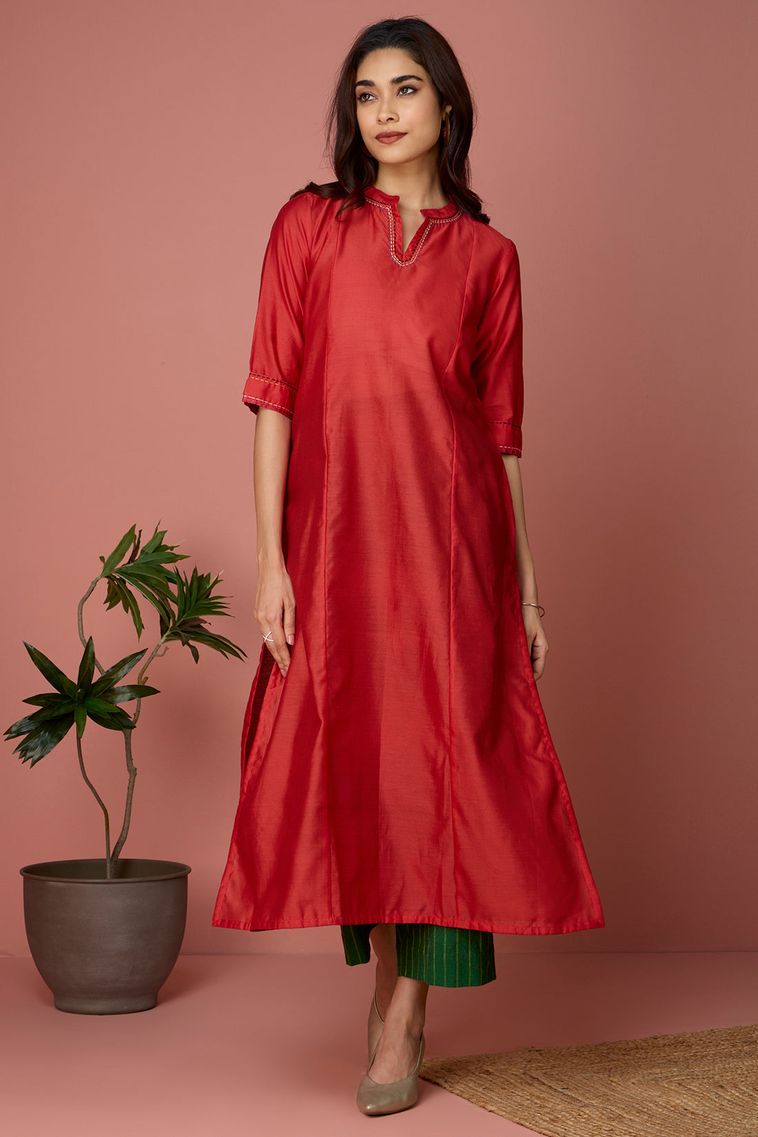 MADE TO ORDER - long chanderi kurta with collar - Ruby & Glimmer
