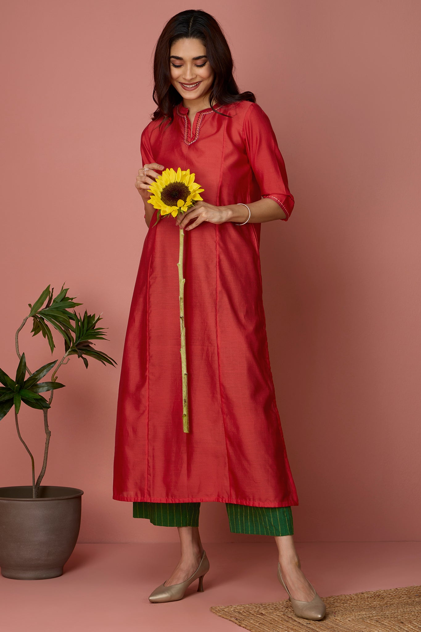 MADE TO ORDER - long chanderi kurta with collar - Ruby & Glimmer