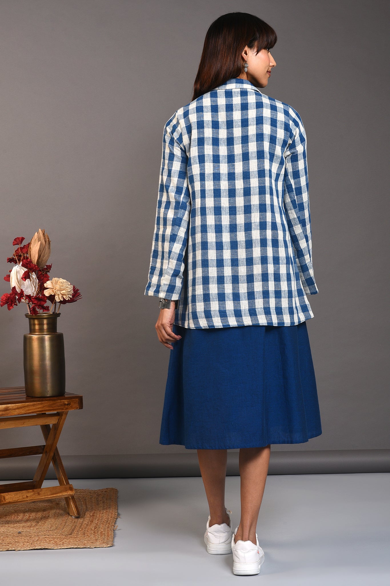 White blue checks kala cotton handloom blazer jacket and blue cotton inner sleeveless dress
