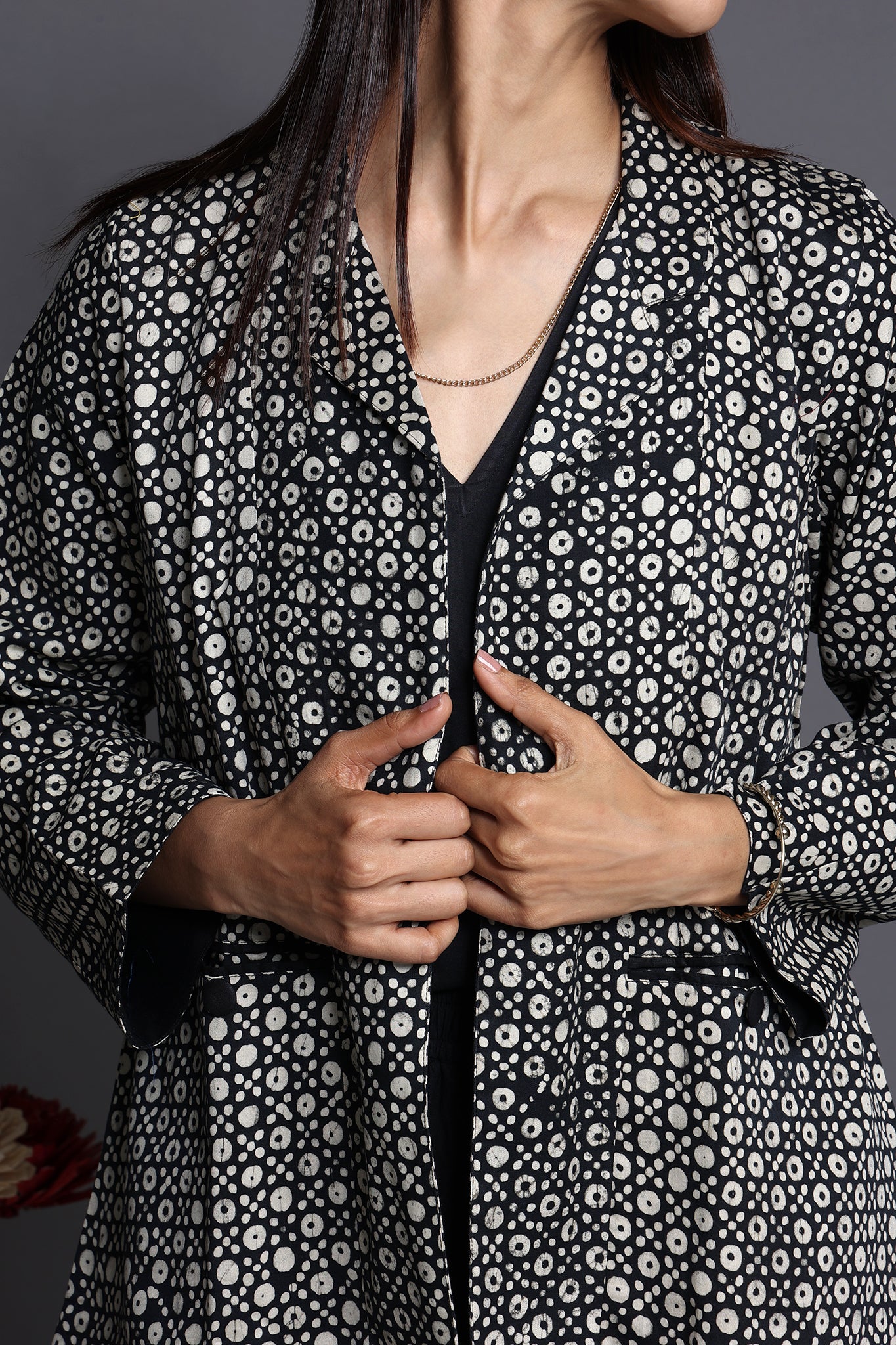 Black white dots satin batik blazer jacket and black  cotton  inner sleeveless and pants 