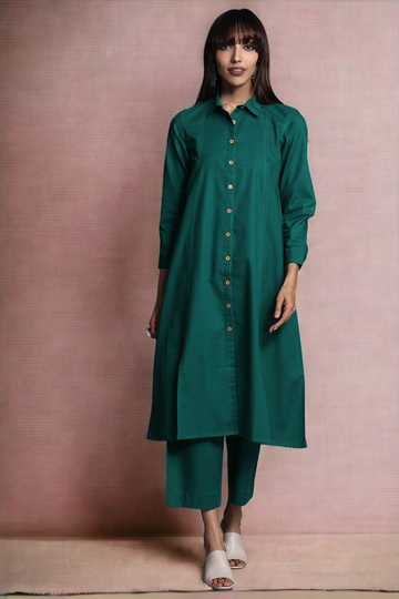 long shirt dress with front buttons - deep emerald & verdant charm
