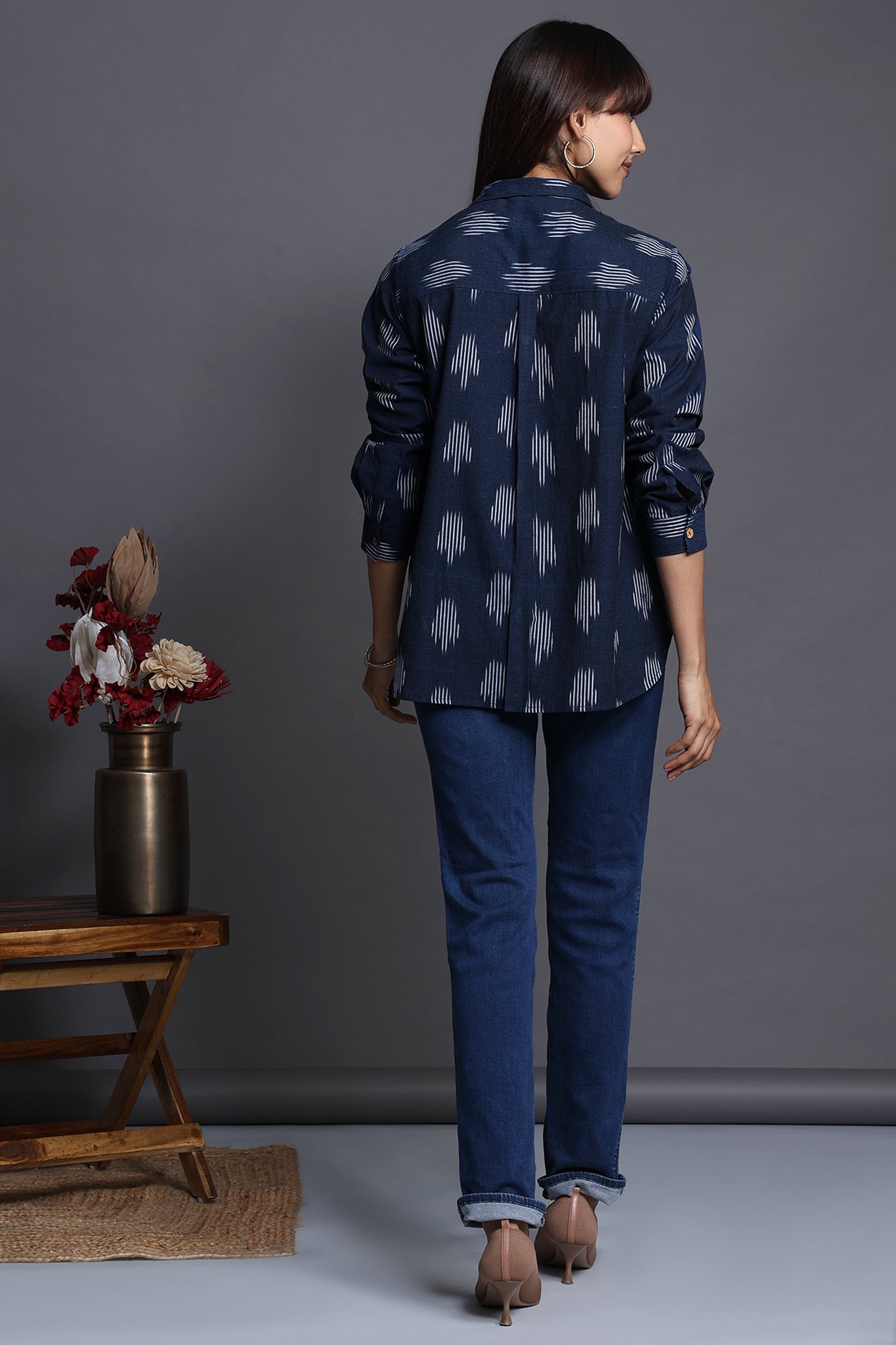 Deep blue with white motifs ikat fabric shirt with buttons and collar and full sleeves