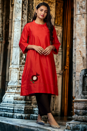 chanderi silk pleated low slit kurta with pockets & sleeve details - ruby red & pomegranate poetry