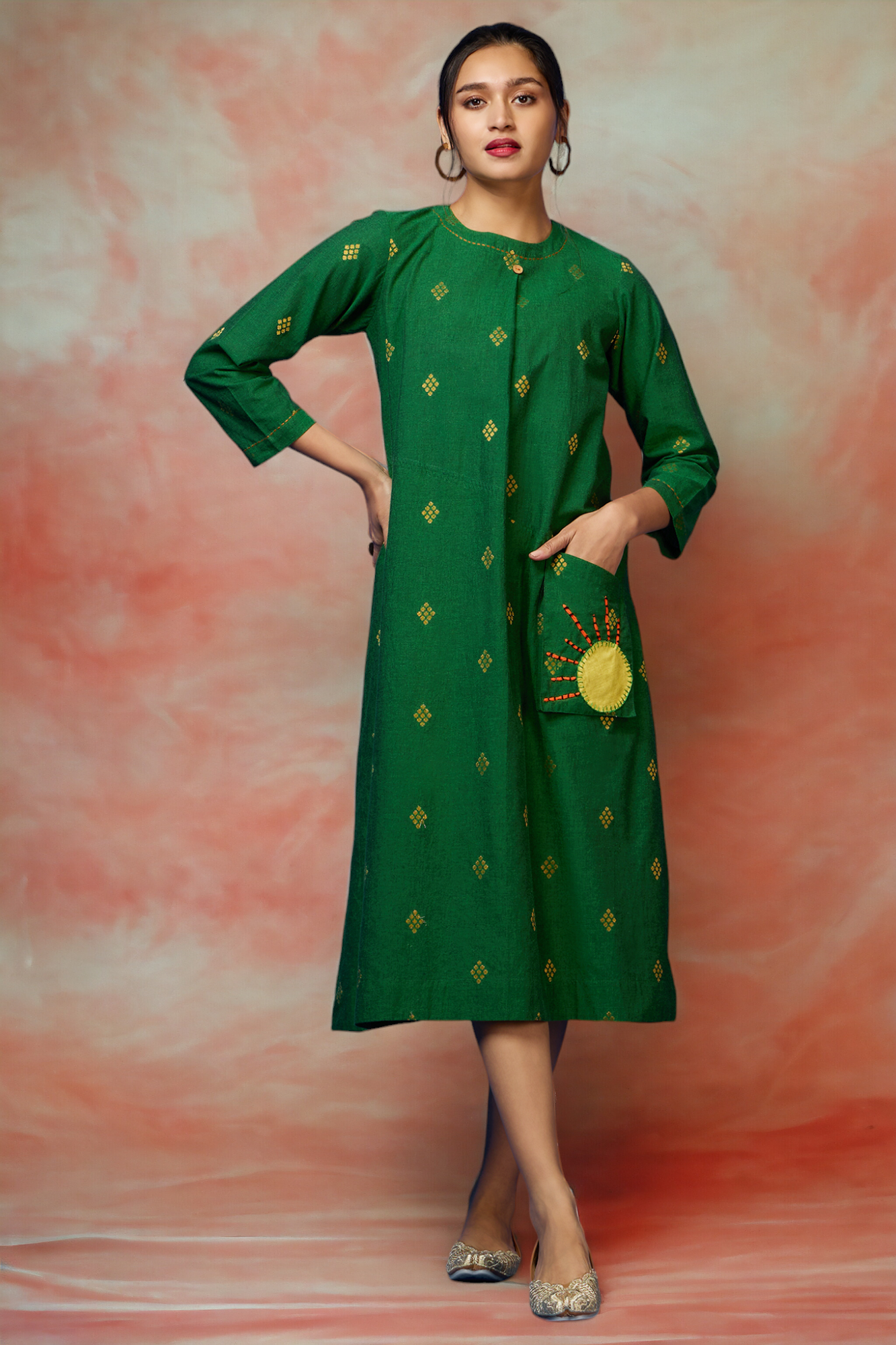 a-line dress with patch pocket - dark jade & metallic sunburst