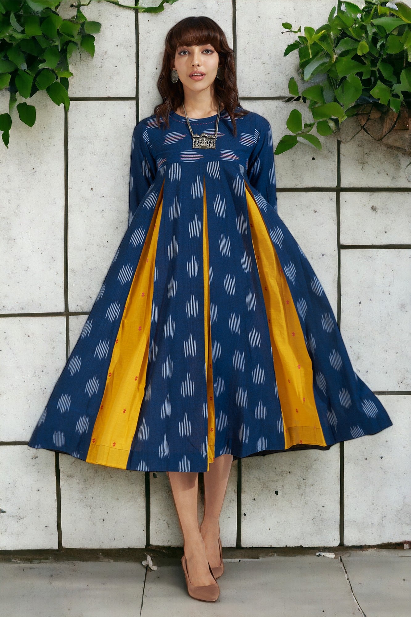 box pleat dress with pockets - luminous blue & gold charm