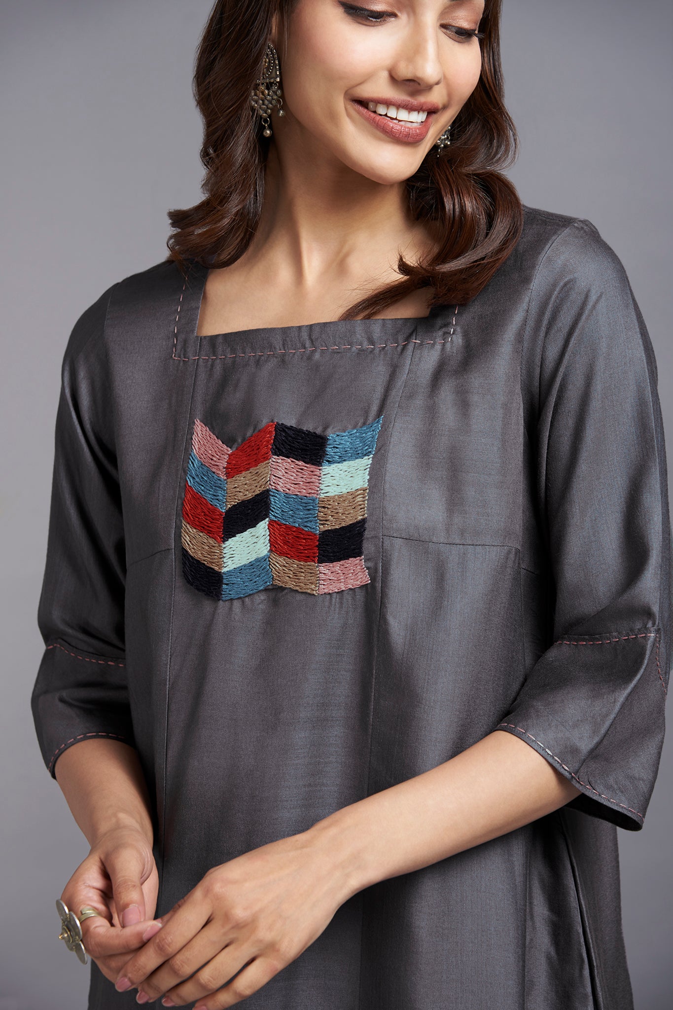 grey luxe silk square panel kurta front view