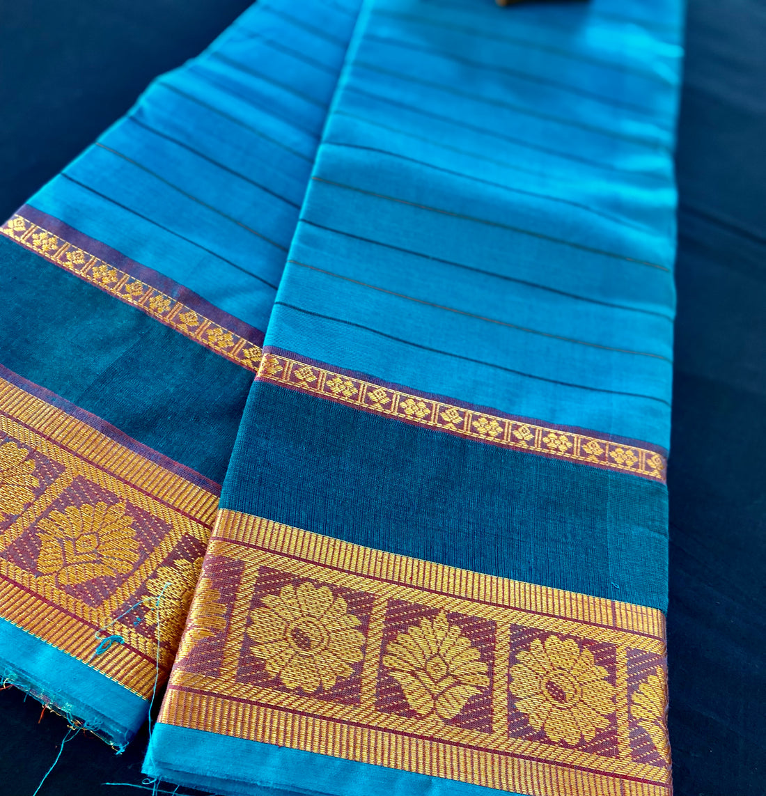 chettinad cotton saree - cerulean stripes & gold border