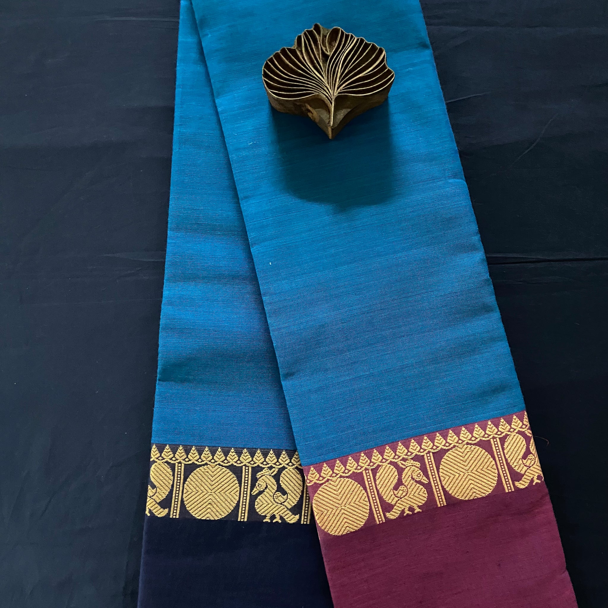 chettinad cotton saree - blue ocean & dual gold border