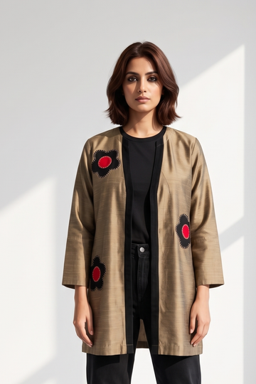Dark Gold Red Buttercup Applique Luxe Silk Slub Short Jacket