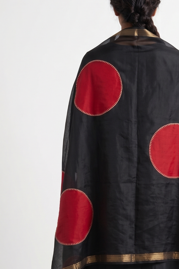 handwoven maheshwari dupatta - black and red polka applique