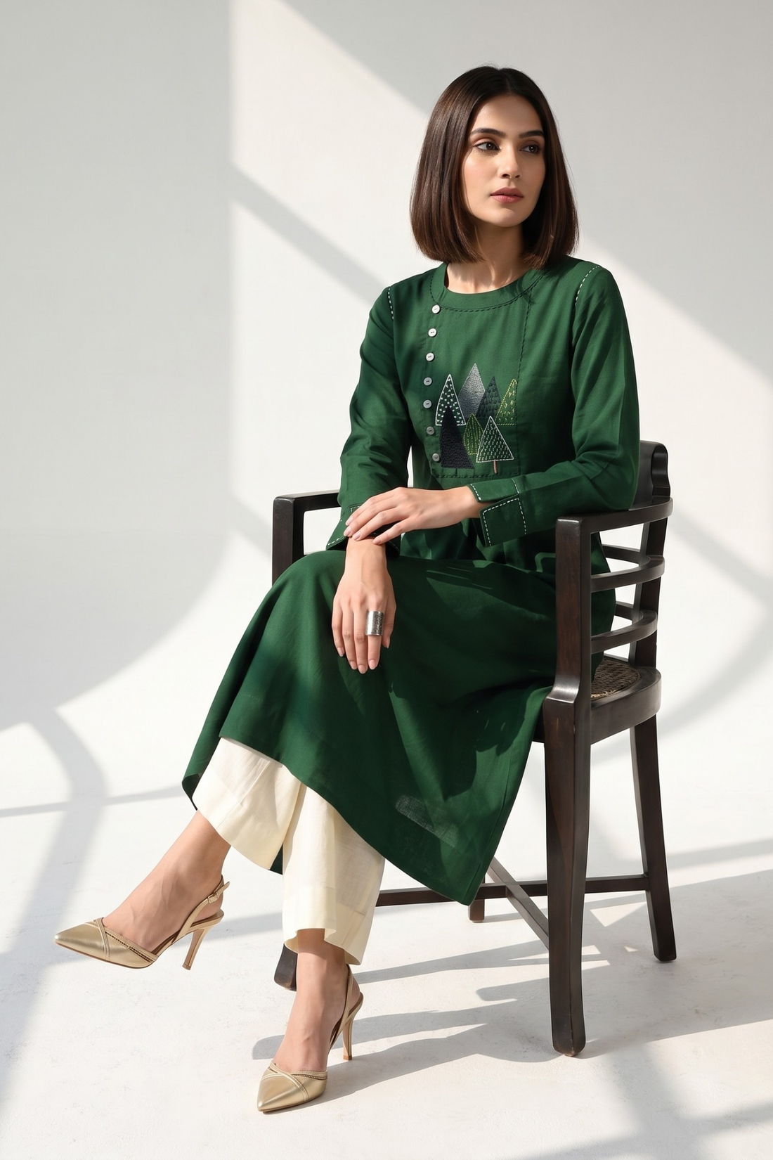 Jungle Jade Cotton Zen Yoke Gather Kurta