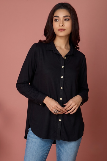Midnight Luxe Black Modal Button Down Shirt