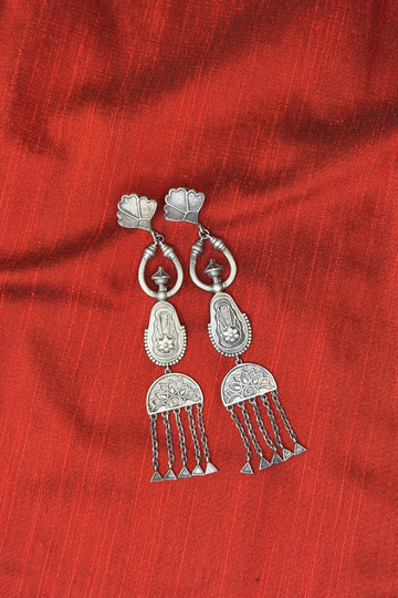 Tribal Leaf Chain Oxidised Earrings