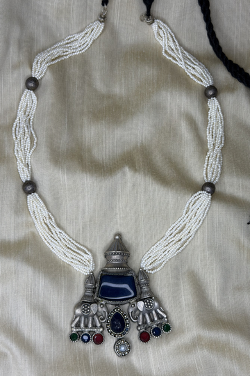 Multi-Strand Seed Pearl Necklace with Blue Stone