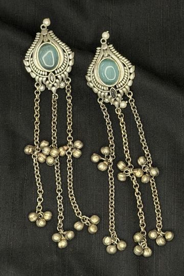 Mint Green Stone Ghungroo Danglers Oxidised Earrings