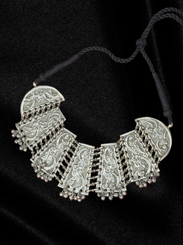 Oxidized Carved Panel Collar with Ghungroo
