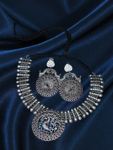 Oxidised Peacock Ruby stone Necklace with Earrings