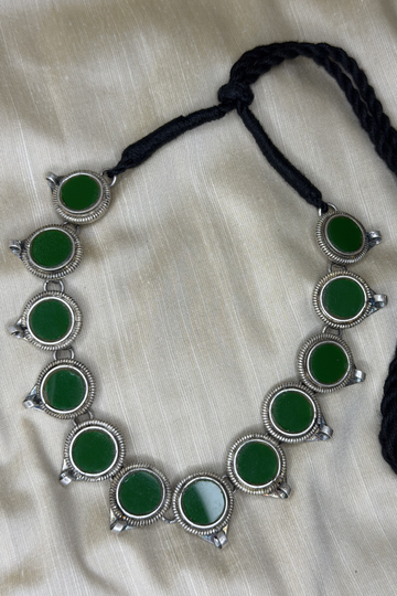 Emerald Stone Coin Oxidised Necklace with Dori