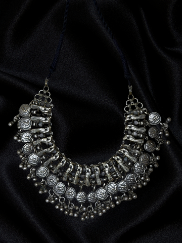 Oxidized Silver Peacock Motif Coin Choker