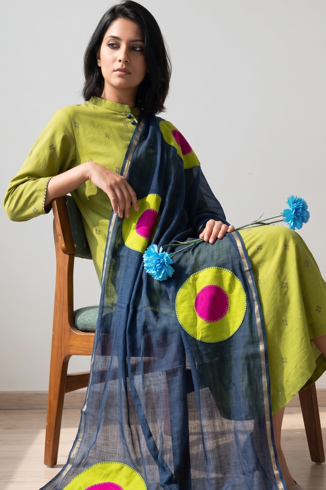 Kota Doria Dupatta - Sultry Navy and Wedding Pink