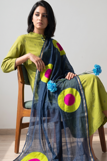 Kota Doria Dupatta - Sultry Navy and Wedding Pink