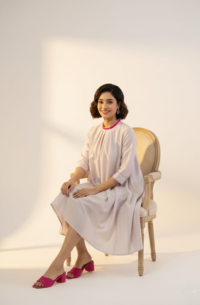 crew neck silk pleated dress - moon whispers & silver blush