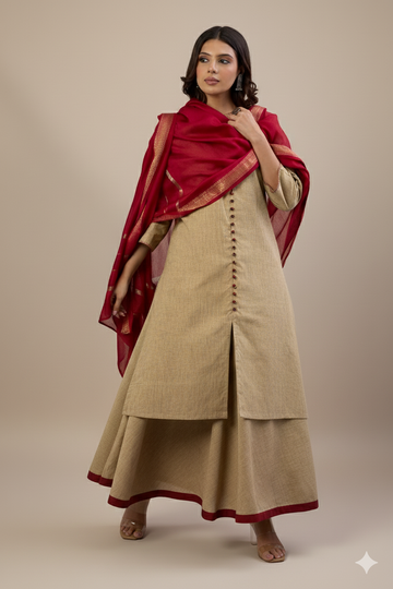 Set of 2: Co-ord Set Sandstone Whisper Cotton Button Down Kurta with Flared Skirt