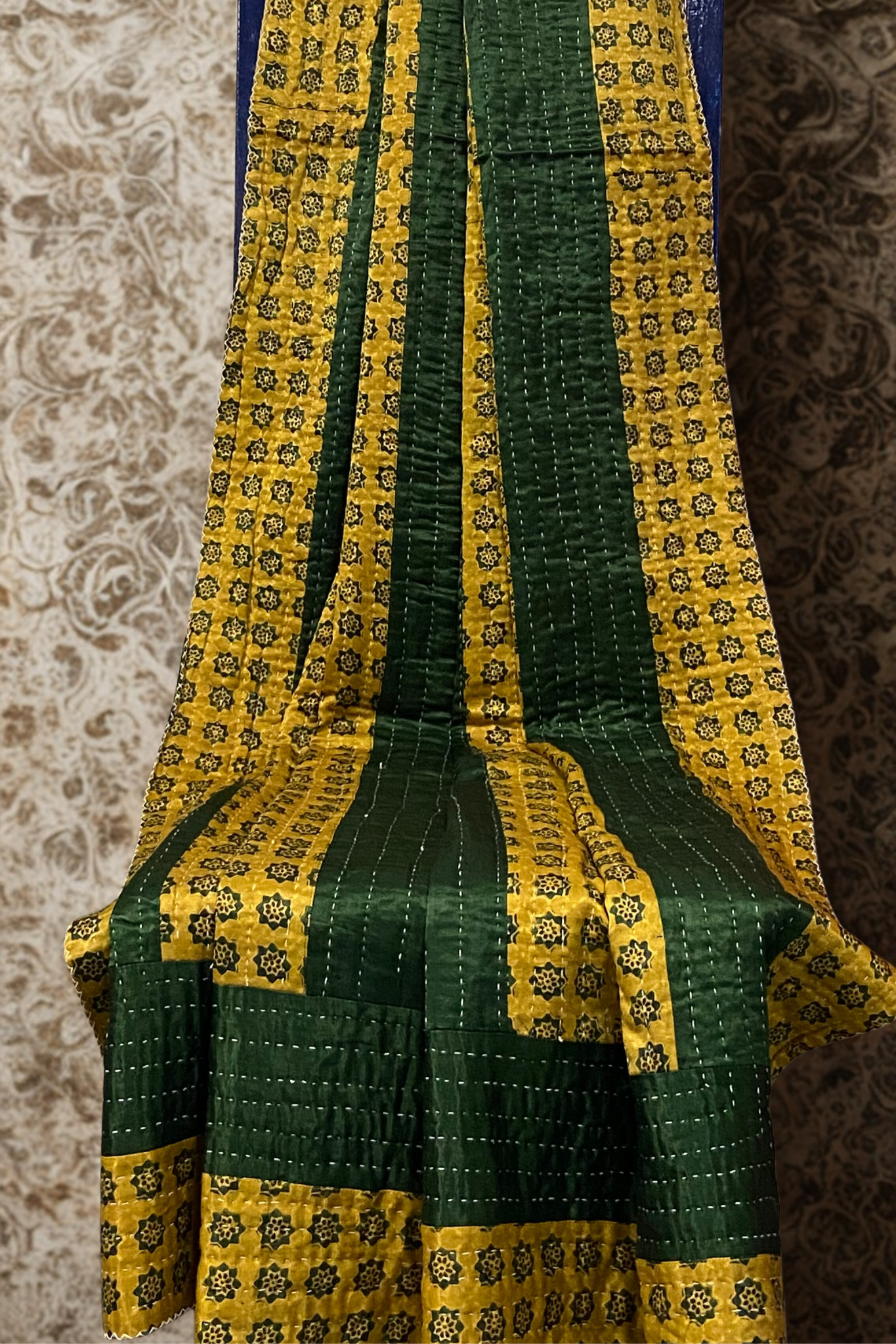 handcrafted reversible mashroo double quilt with filler - Emerald Gold & Blossom