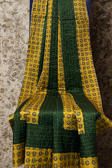 handcrafted reversible mashroo double quilt with filler - Emerald Gold & Blossom