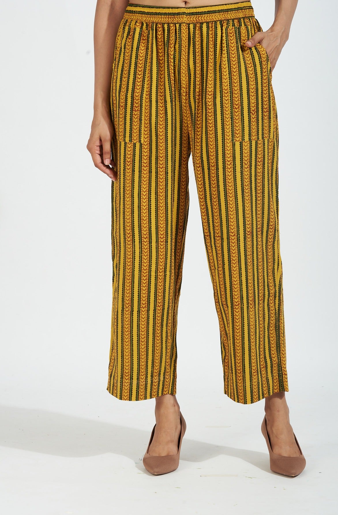 comfort fit cotton printed pants - yellow green ajrakh stripes