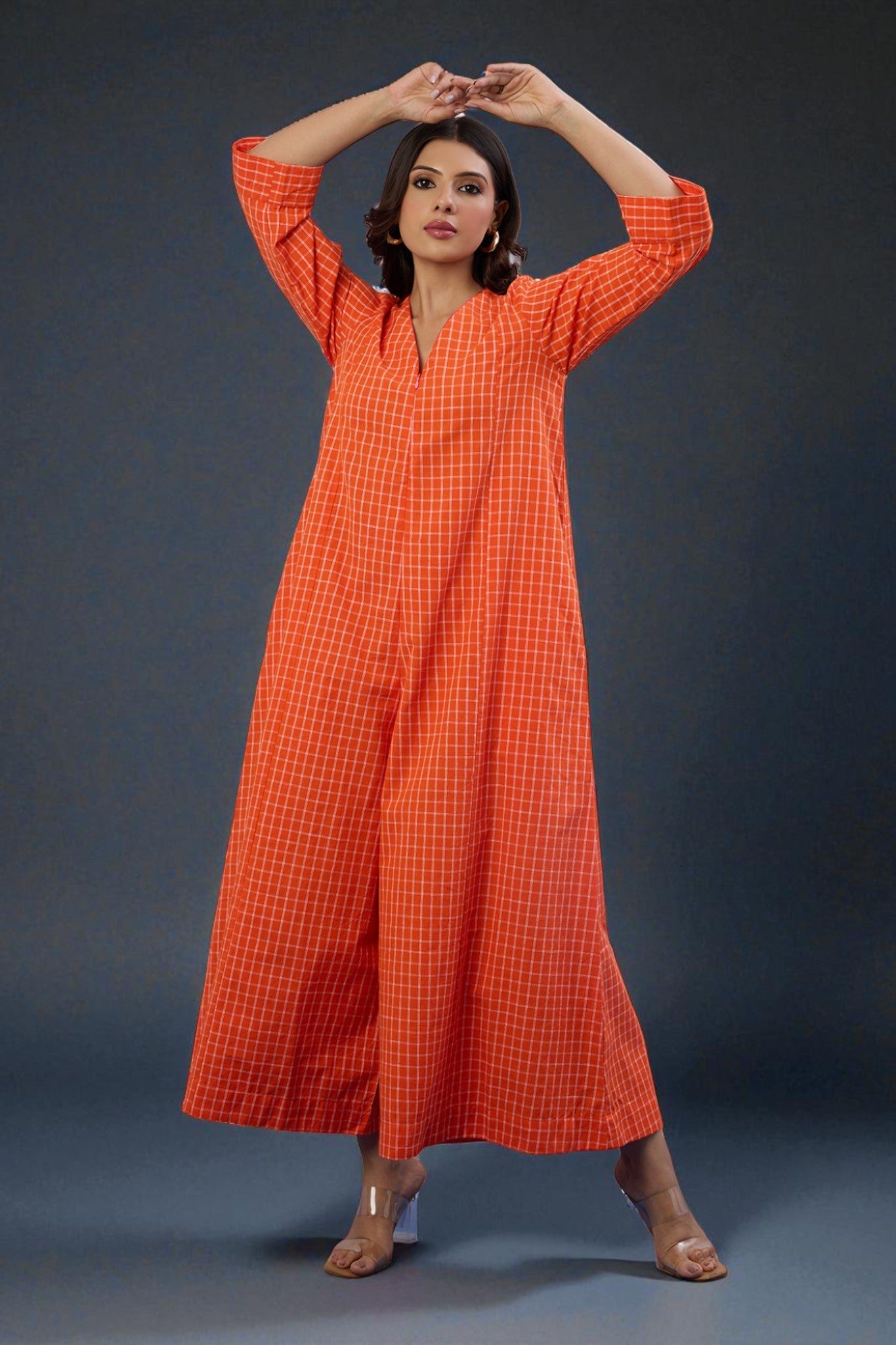 V Neck Front Zip Jumpsuit With Pockets In Orange Checks South Cotton  by Maati Crafts
