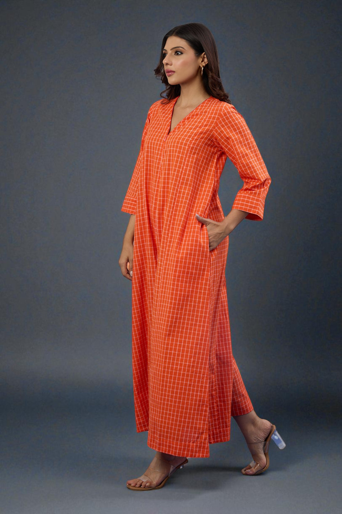 V Neck Front Zip Jumpsuit With Pockets In Orange Checks South Cotton  by Maati Crafts
