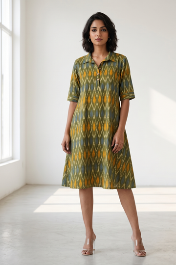 Spring Meadow Ikat Cotton contemporary collar swing dress