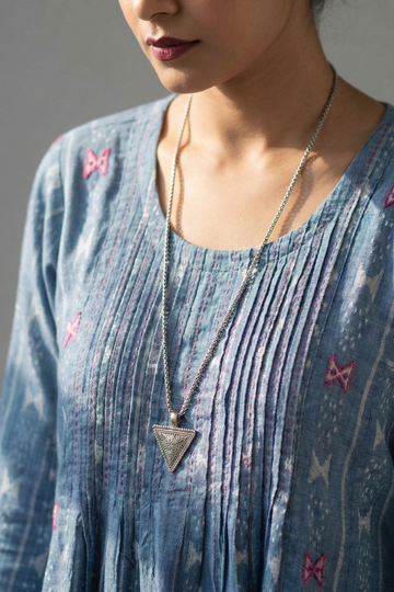 Sky Denim Pintuck Yoke & Sleeve Kalidar Kurta