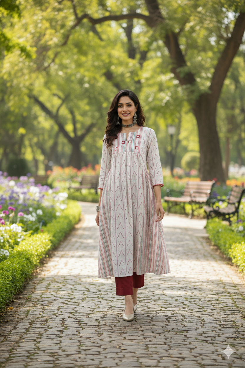 Ruby Frost white A-line Anarkali Side Gather Cotton Kurta with Mirror work