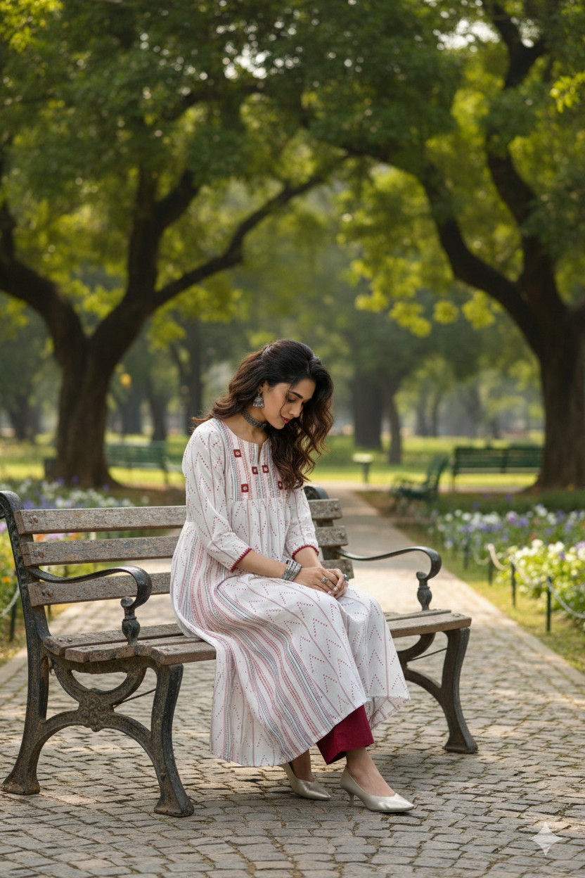 Ruby Frost white A-line Anarkali Side Gather Cotton Kurta with Mirror work