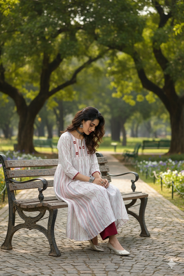 Ruby Frost white A-line Anarkali Side Gather Cotton Kurta with Mirror work