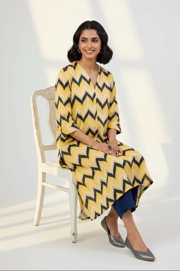 front zipper a-line kurta - citrine zigzag