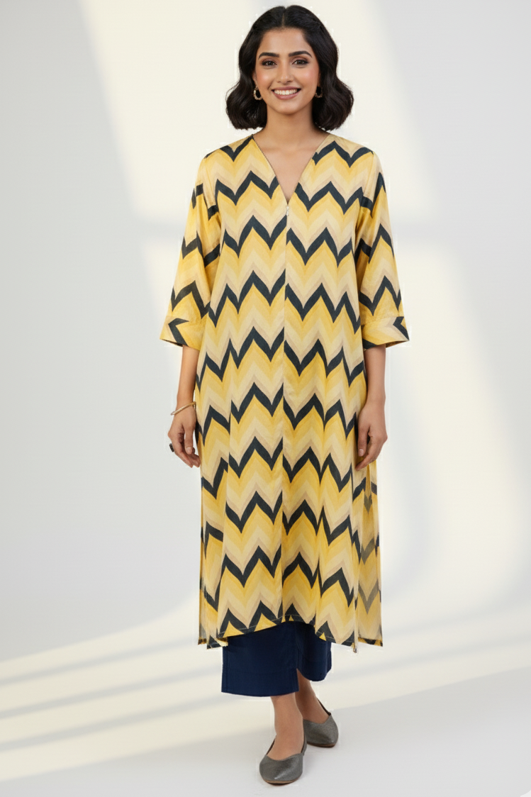 front zipper a-line kurta - citrine zigzag