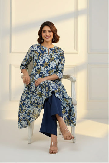Blue Iris White Blooms Asymmetrical Waterfall Kurta
