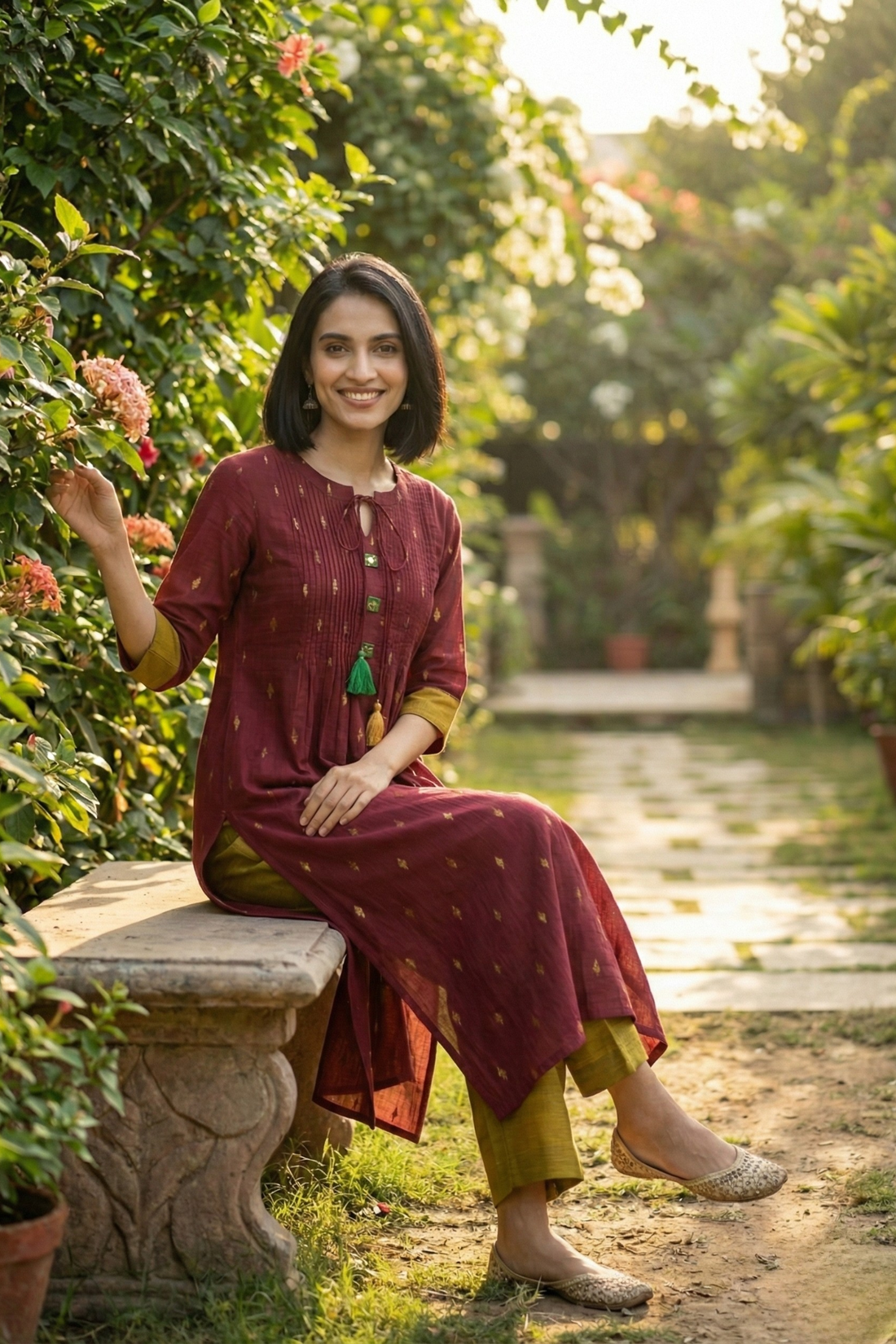 Coord Set Garnet Gilt Long Slit Kurta with Pants (set of 2)