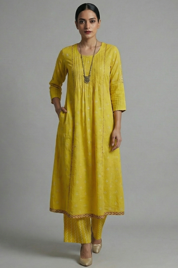 Yellow Prism Pintuck Yoke & Sleeve Kalidar Kurta