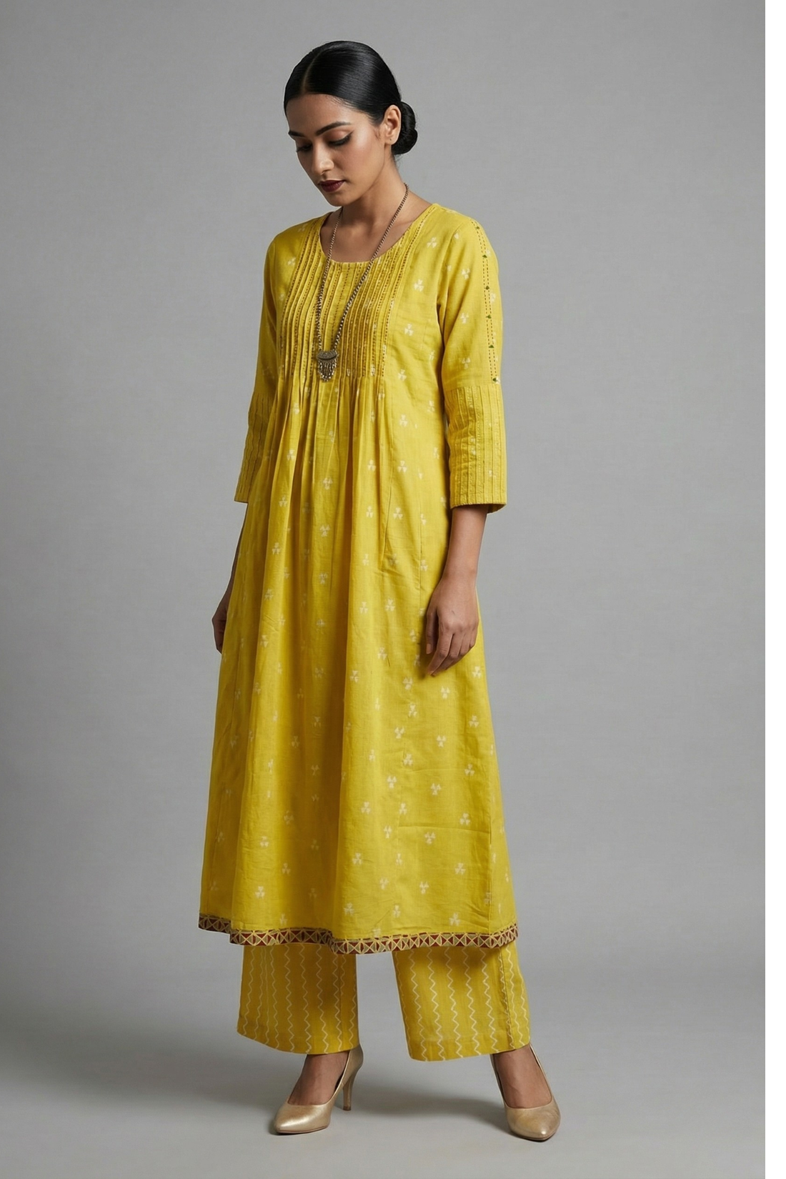 Yellow Prism Pintuck Yoke & Sleeve Kalidar Kurta