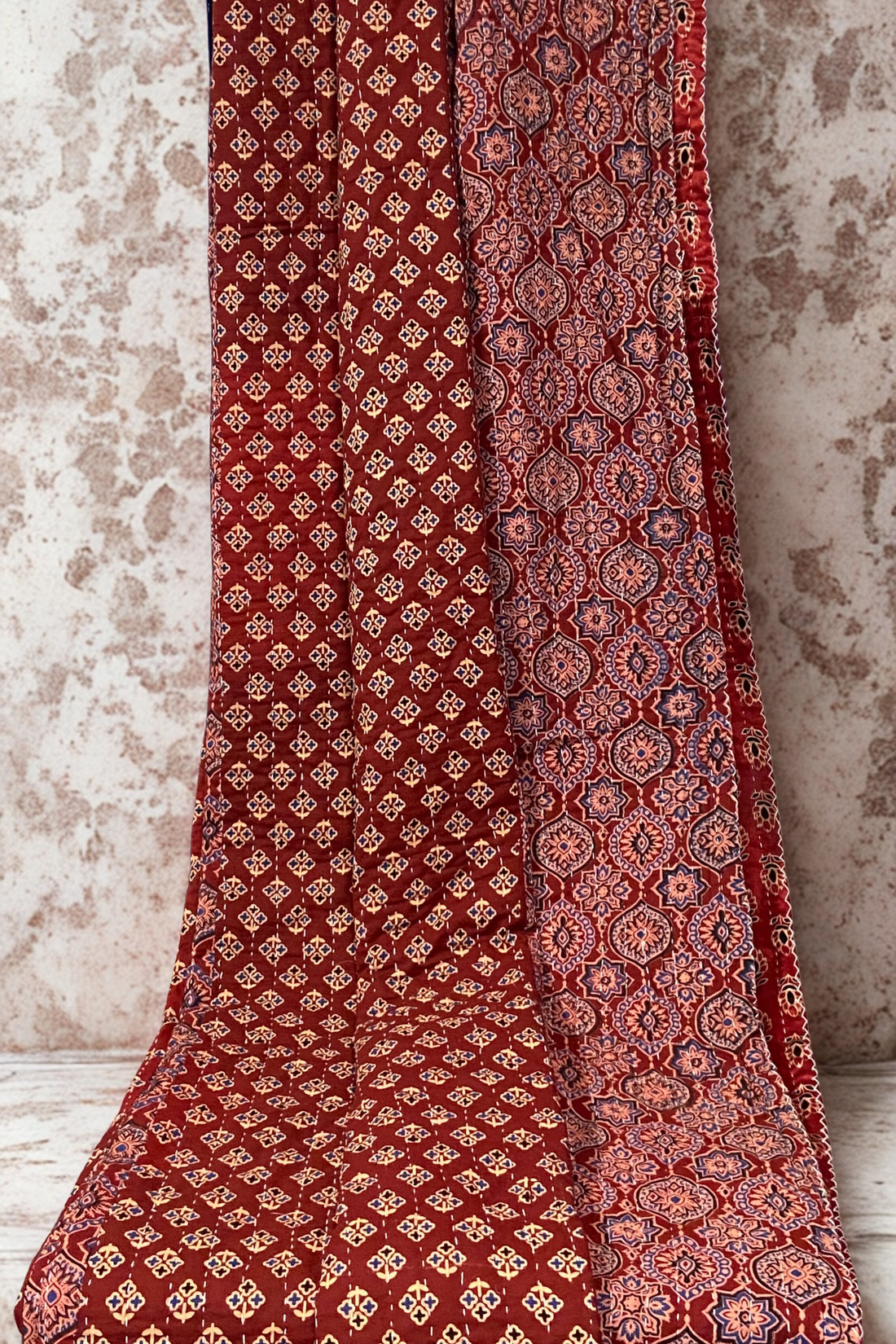 handcrafted reversible mashroo double quilt with filler - Rustic Ruby