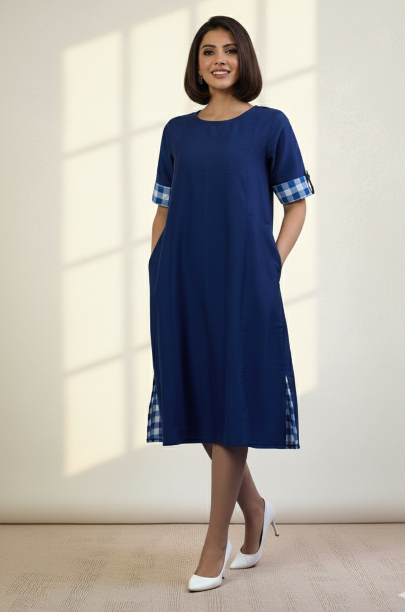 Shift Dress With Pockets, Front & Back Slit In Black White Madras