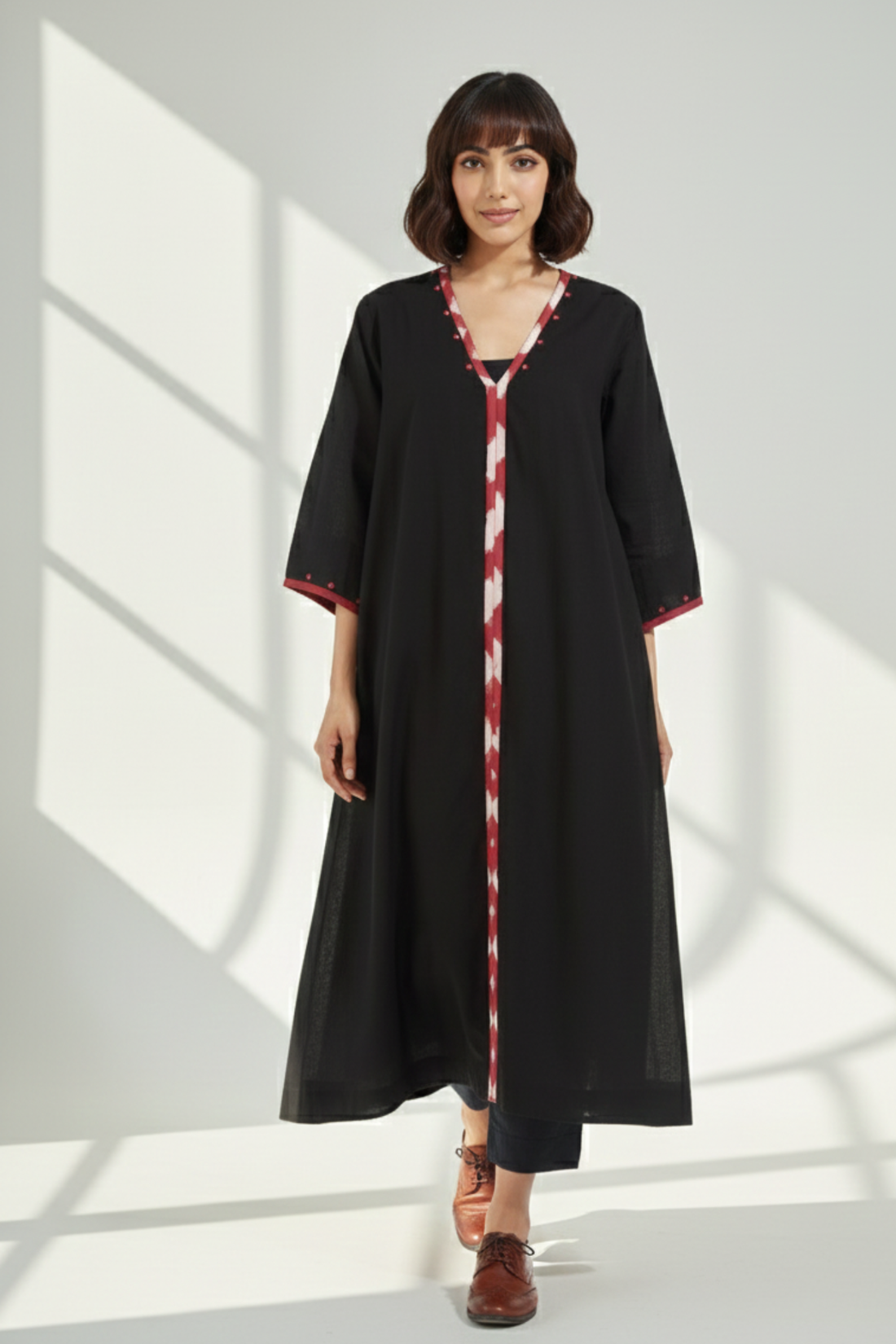deep v-neck bell sleeves resort dress - ebony hues & fiery reflections