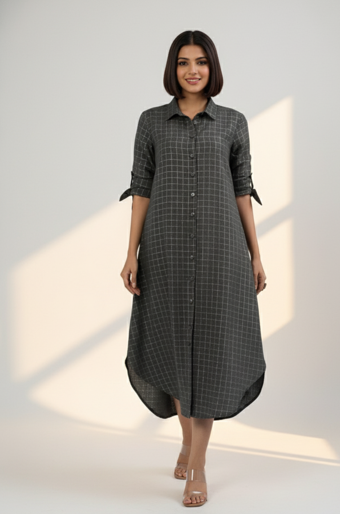 Cocoa Silver Grid Long Cotton Shirt Dress