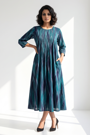 Peacock Weave Daimond Ikat Cotton Kurta With Pintuck